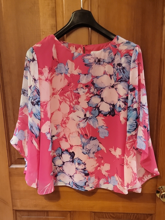 Kasper Tops - Kasper XL Pink Floral Chiffon Flounce Ruffle Sleeve Blouse Top
